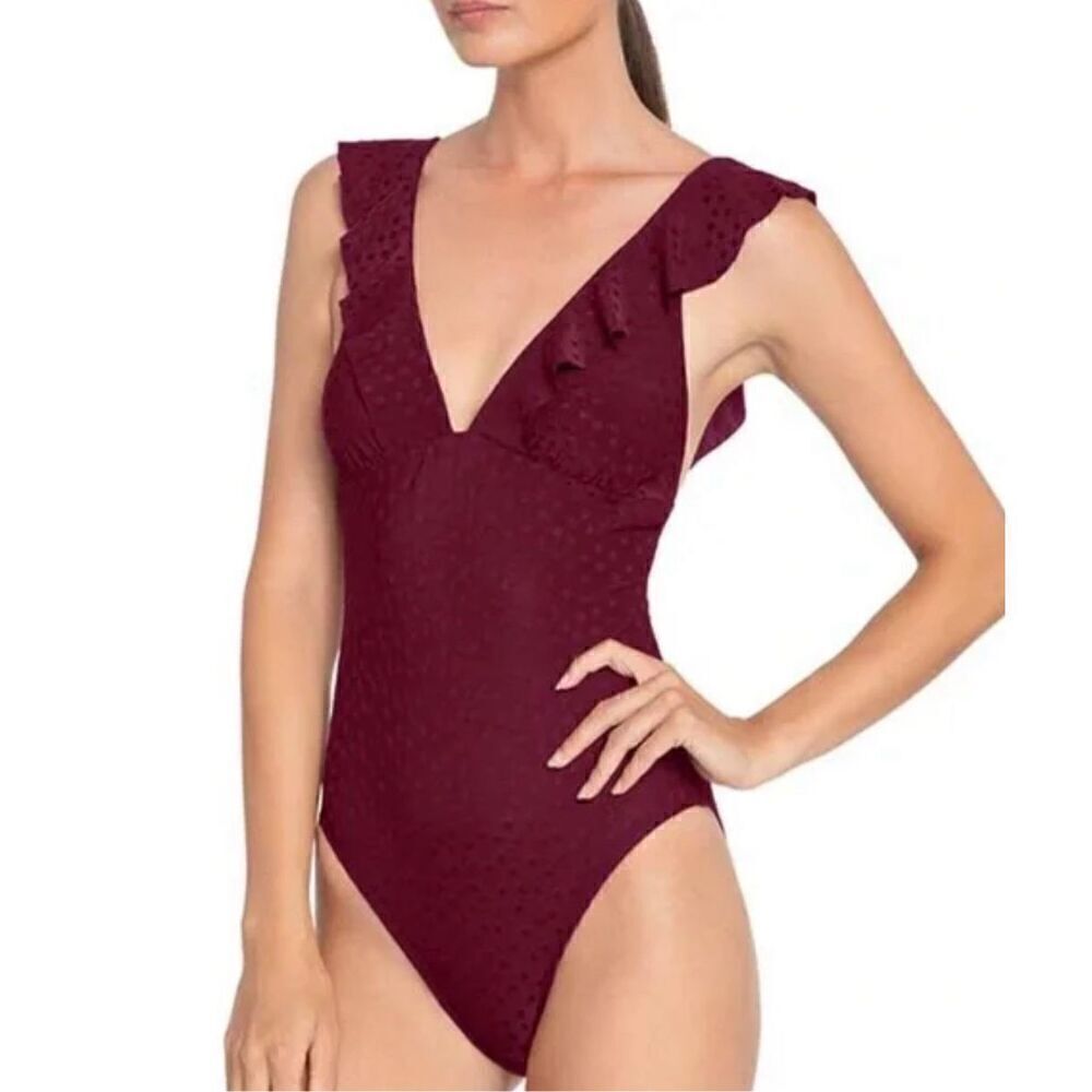 New. Robin Piccone plum ruffle one piece. Size 14. Retails $168 - Picture 3 of 13